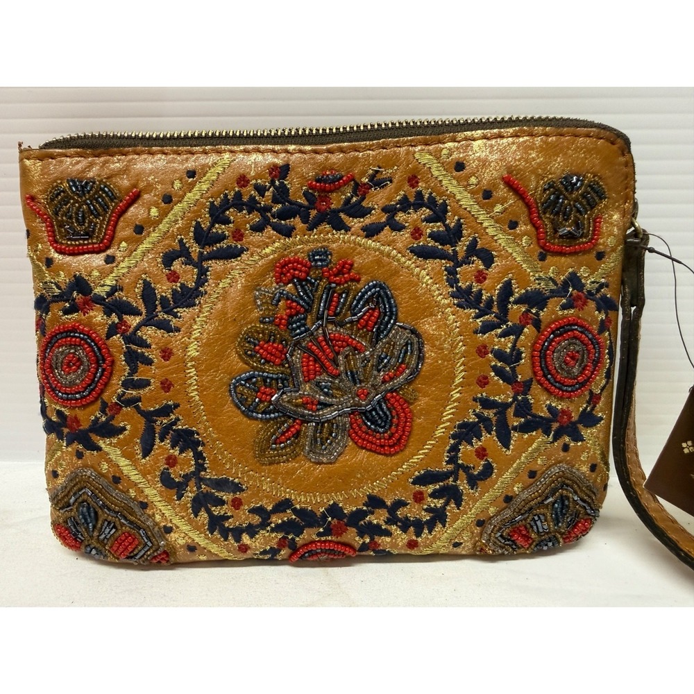 Patricia Nash Cassini Provençal Beaded Wristlet Brown Leather EMBROIDERED GOLD